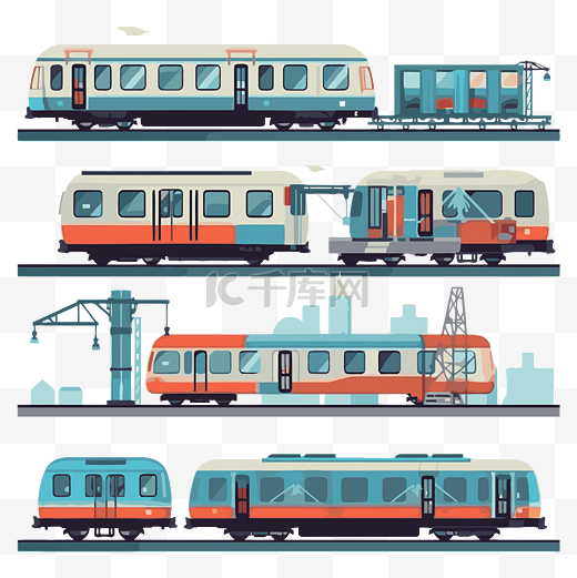 地铁剪贴画平面设计卡通中的几节火车车厢 向量图片
