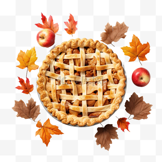 感恩节苹果派的顶视图，配有秋叶和松果图片