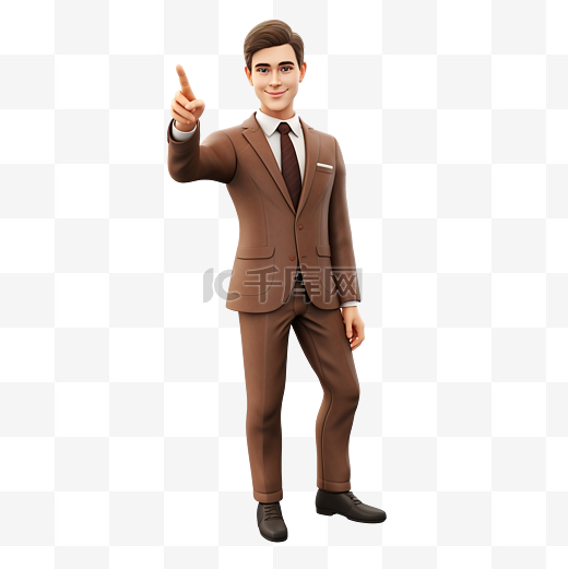 穿着棕色西装黑色领带的商人指着并推荐姿势 穿着棕色西装的商人指向上方的 3D 插图图片