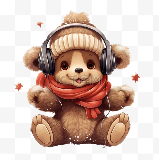 圣诞贺卡可爱卡通泰迪熊女孩戴着毛皮耳机和围巾图片
