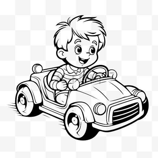 驾驶玩具车的小男孩的黑白矢量图图片