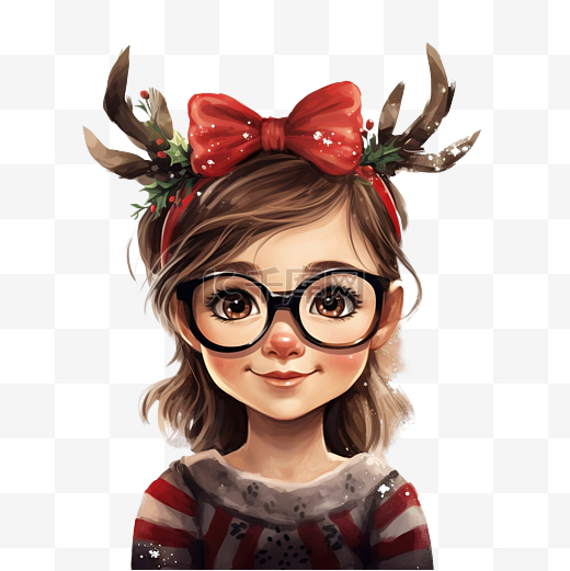 圣诞节戴着驯鹿头带的女孩插画图片