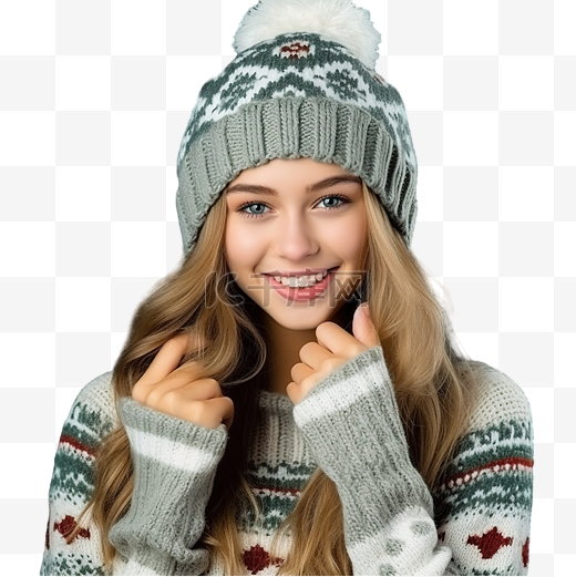 戴着针织保暖帽子和手套的圣诞女孩图片
