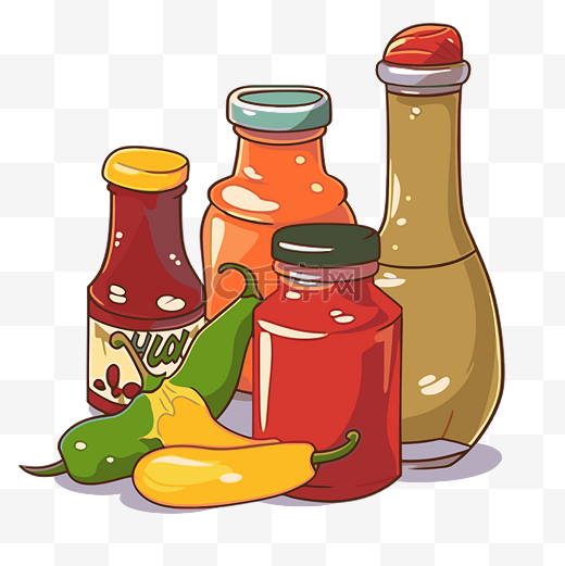 调味品剪贴画各种瓶酱料与辣椒和其他产品卡通 向量图片