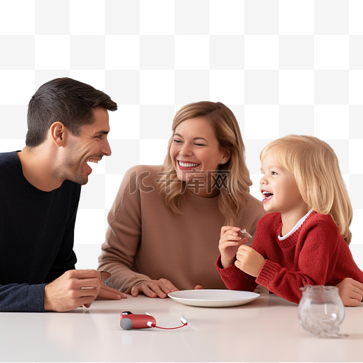 带有人工耳蜗助听器的孩子在圣诞节客厅多样性中与父母一起玩耍图片