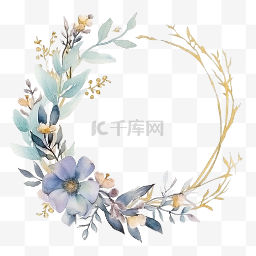 水彩装饰圆花框金色植物圆花环与树枝草本植物和叶子乡村婚礼边框图片
