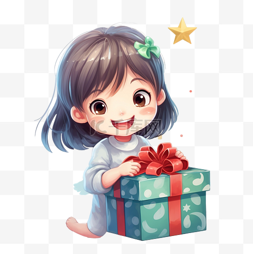 小女孩打开礼盒，带着喜悦和幸福的圣诞树图片