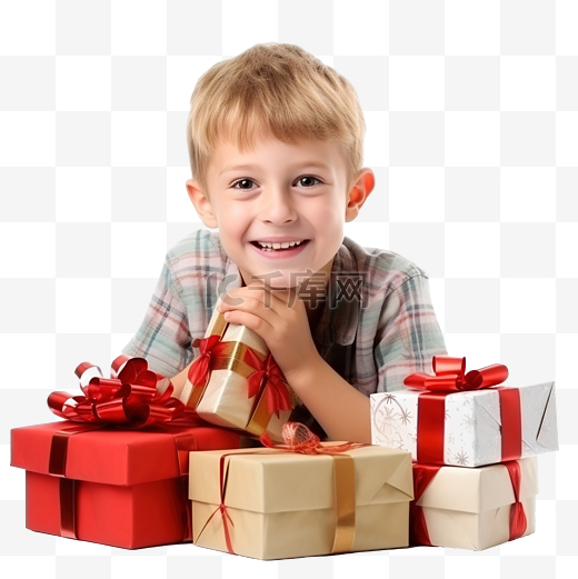 金发小男孩玩圣诞礼物和盒子图片