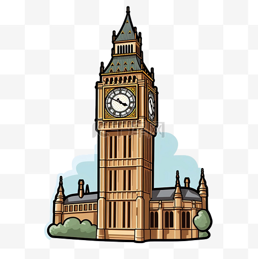 卡通贴纸描绘了伦敦的大本钟及其著名的钟面和钟楼图片