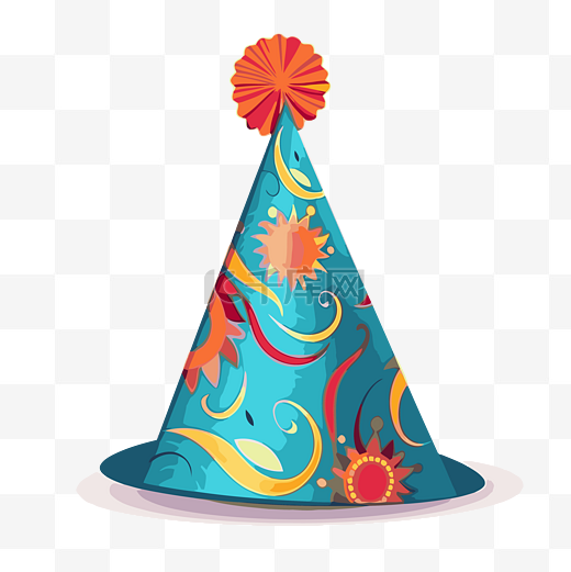 新年派对帽子剪贴画生日帽子，白色背景卡通上有彩色漩涡 向量图片