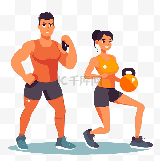 健身运动剪贴画男人和女人在壶铃上进行健身训练，在白色背景矢量图上隔离图片