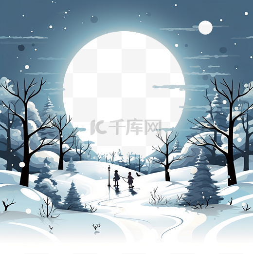 圣诞节满月雪中精灵和雪人的宁静冬季场景图片
