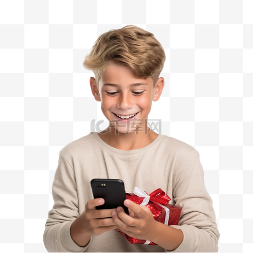 漂亮的男孩用智能手机在网上做圣诞购物图片