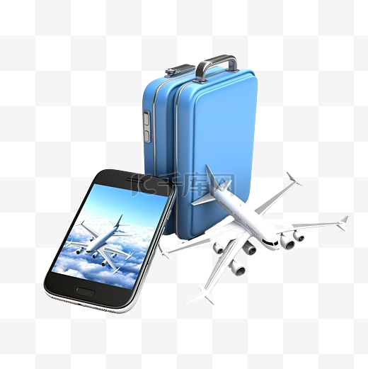3d 护照或国际旅行旅游与手机智能手机飞机手提箱云隔离 3d 渲染插图图片
