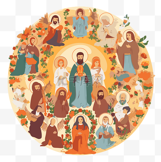 所有圣徒星期日剪贴画 该图像描绘了几个圣人在一个圆圈卡通中间 向量图片