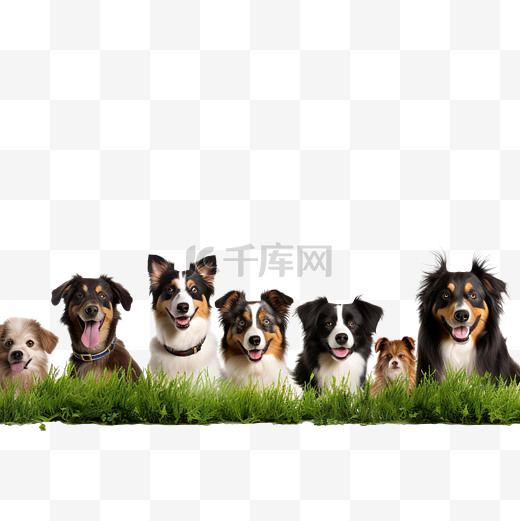 许多快乐的狗在草地上与复制空间图片