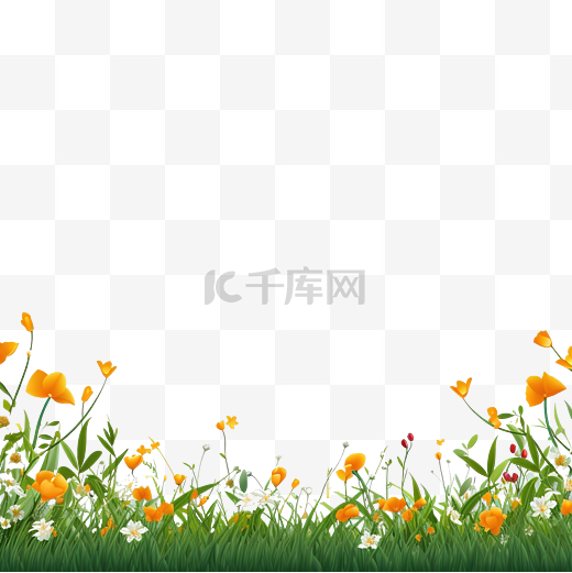 春天背景边框和框架绿叶和草地与橙色花朵与复制空间地平线横幅背景春夏概念图片