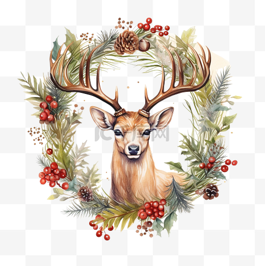 蔚蓝鹿和圣诞花环的创意构图图片
