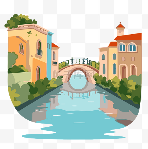 城镇卡通插图中的运河剪贴画河桥 向量图片