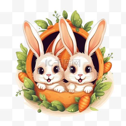 PNG兔子角色从鸡蛋中偷看胡萝卜有趣的复活节快乐兔子图片