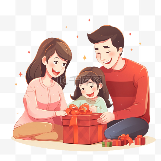 快乐的孩子打开圣诞盒子，父母帮助孩子打开圣诞礼物图片