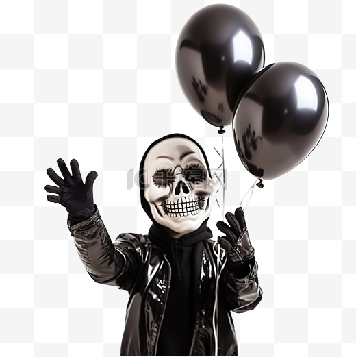 一个穿着骷髅服装拿着黑色气球的滑稽小男孩的肖像，万圣节快乐图片