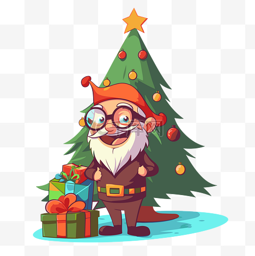 愚蠢的圣诞剪贴画卡通圣诞老人站在圣诞树附近，手里拿着给孩子们的礼物 向量图片