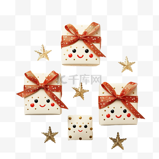 圣诞装饰品星星与雪人脸周围的礼品盒图片