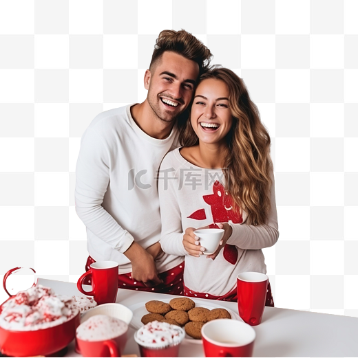 圣诞节早上，一对年轻恩爱的夫妇在厨房里度过了愉快的时光图片