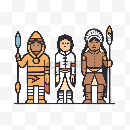 一群拿着长矛的美洲原住民站在彼此面前 向量图片