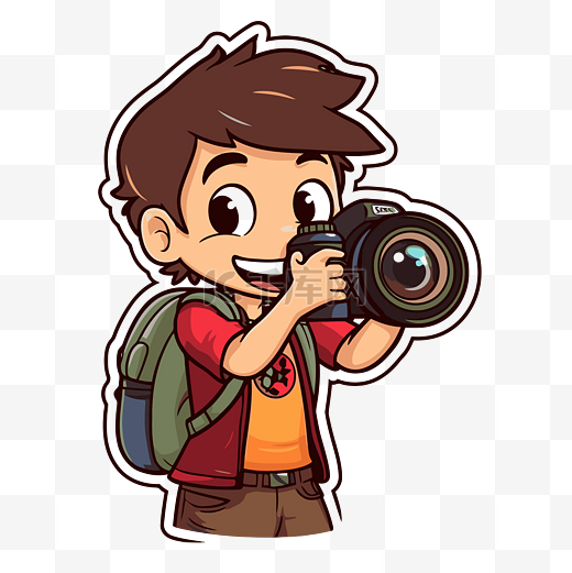 卡通男孩拿着相机站在白色背景剪贴画旁边 向量图片