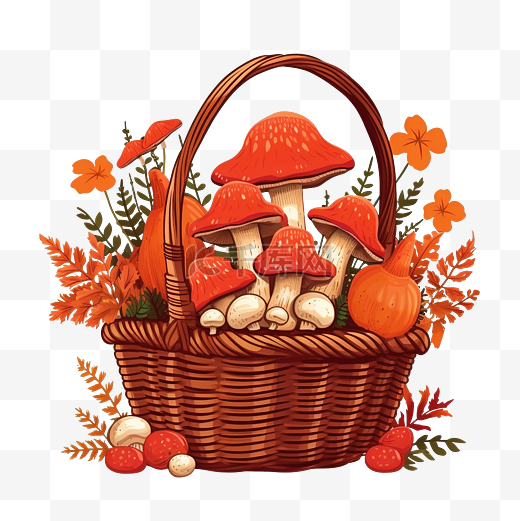 秋季篮子，配有成熟的红飞木耳，乡村风格的女巫收获万圣节概念矢量病图片