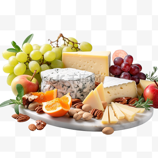 灰桌上的各种奶酪和水果图片