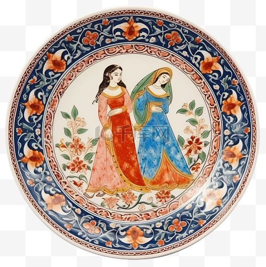 东方陶瓷板的顶视图，描绘了乌兹别克斯坦白色背景中央画的情侣图片