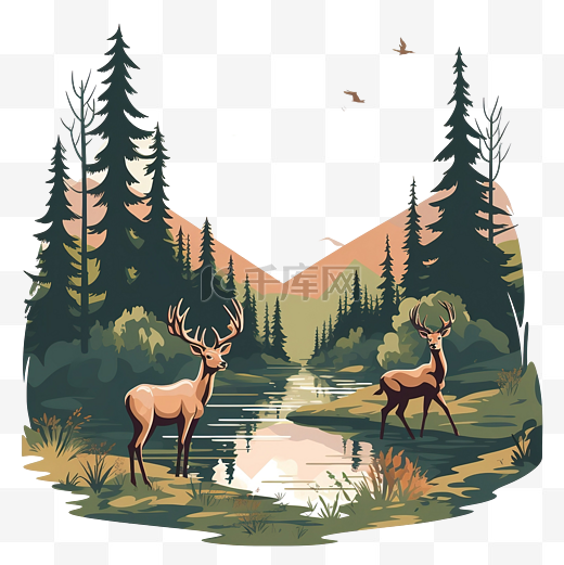 森林和鹿景观的 png 插图图片