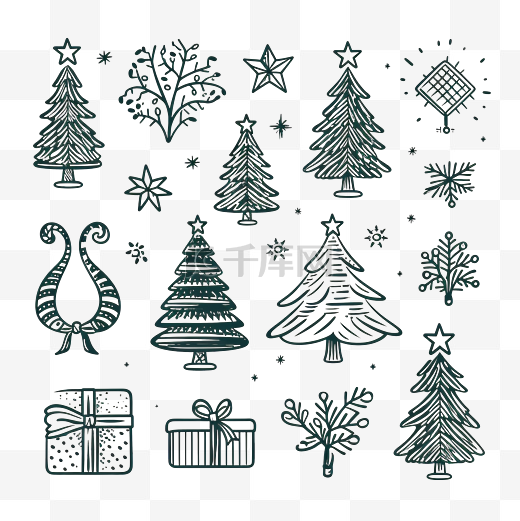 圣诞节剪贴画集合轮廓涂鸦风格的圣诞节设计元素图片