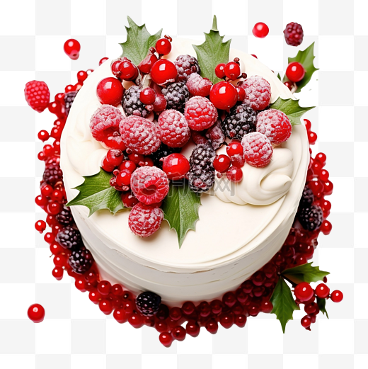 圣诞节表面用奶油和浆果装饰的自制蛋糕红色天鹅绒图片