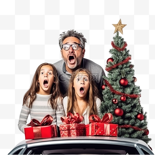 车上的一对父亲和女儿们带着一棵圣诞树，一脸惊讶地把目光移开图片