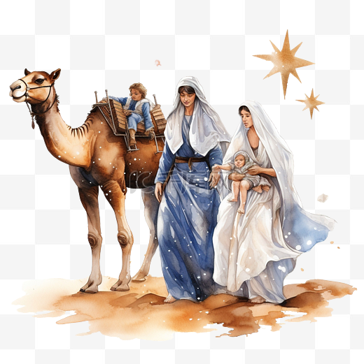 玛丽约瑟夫和小耶稣与骆驼星沙漠诞生图片