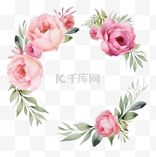 水彩花框剪贴画花边框与玫瑰和绿叶插图图片