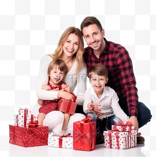 圣诞节概念快乐成功的家庭坐在圣诞节的背景下，拿着礼物图片