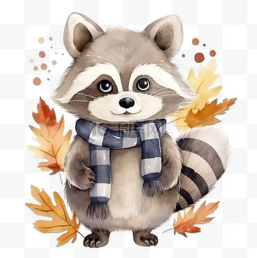 可爱的圣诞水彩浣熊秋季或秋季动物水彩插图图片
