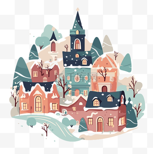 卡通冬季村庄与雪和树木剪贴画 向量图片