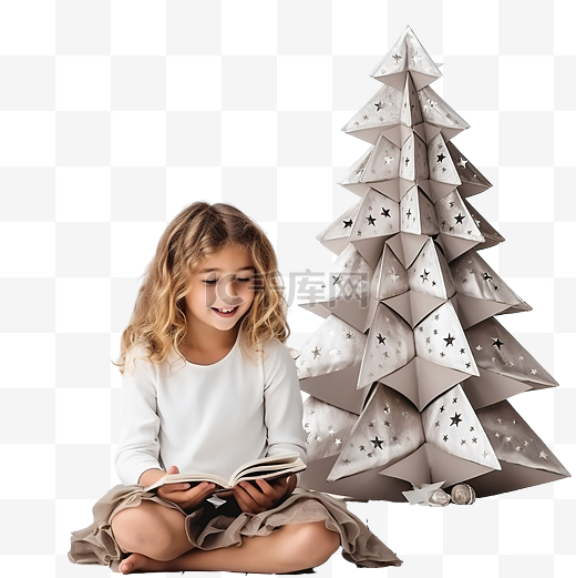 坐在一棵程式化的圣诞树旁的小女孩图片