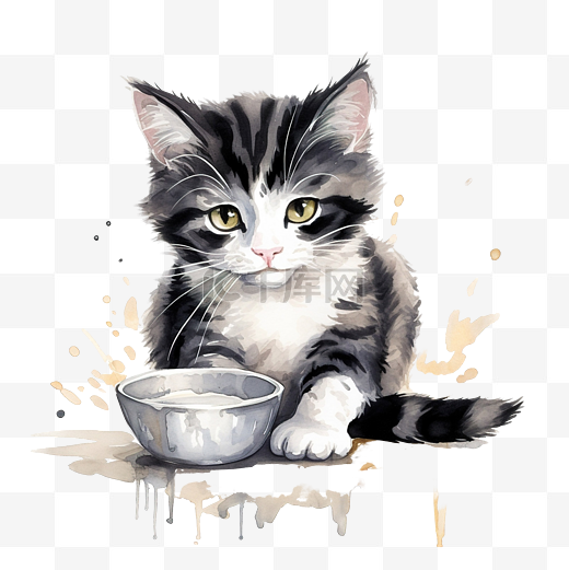 胖乎乎的黑白条纹猫在水彩画中吃牛奶图片