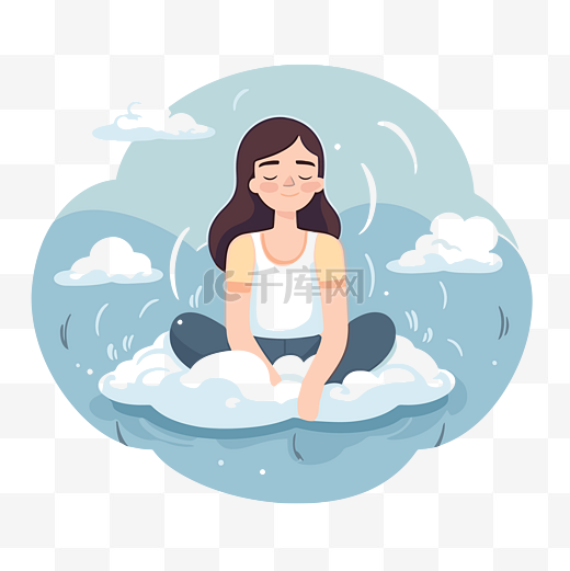 深呼吸剪贴画平静快乐的年轻女子在云中冥想坐在瑜伽姿势卡通上 向量图片