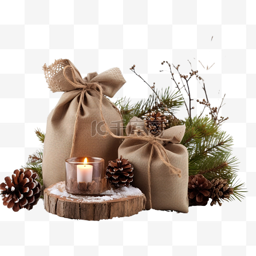 复古木板上的自然圣诞装饰品，袋子里装着礼物图片