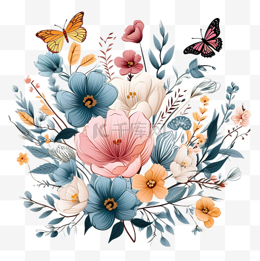 盛开的花朵和蝴蝶波西米亚风花卉图形图片