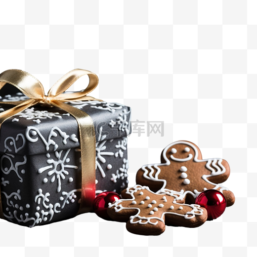 圣诞组合物，配有姜饼和黑木上的礼物图片