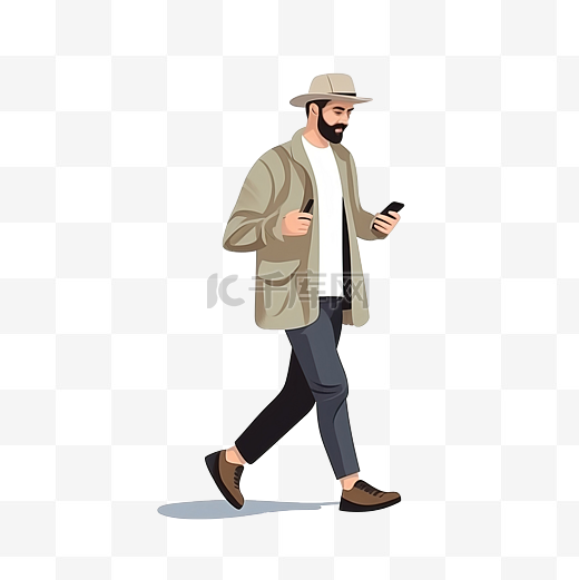 具有智能手机行走特征的男人图片
